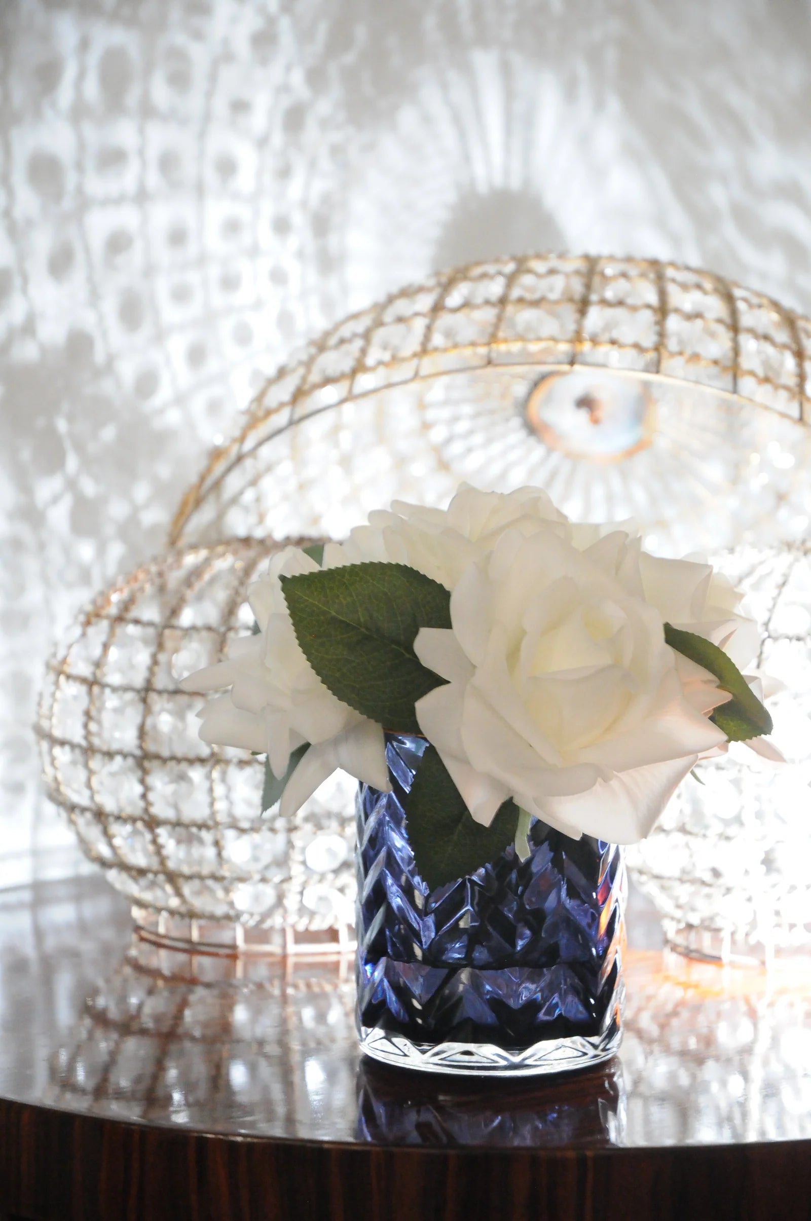 Herringbone Flower - Blue - Ivory White Roses