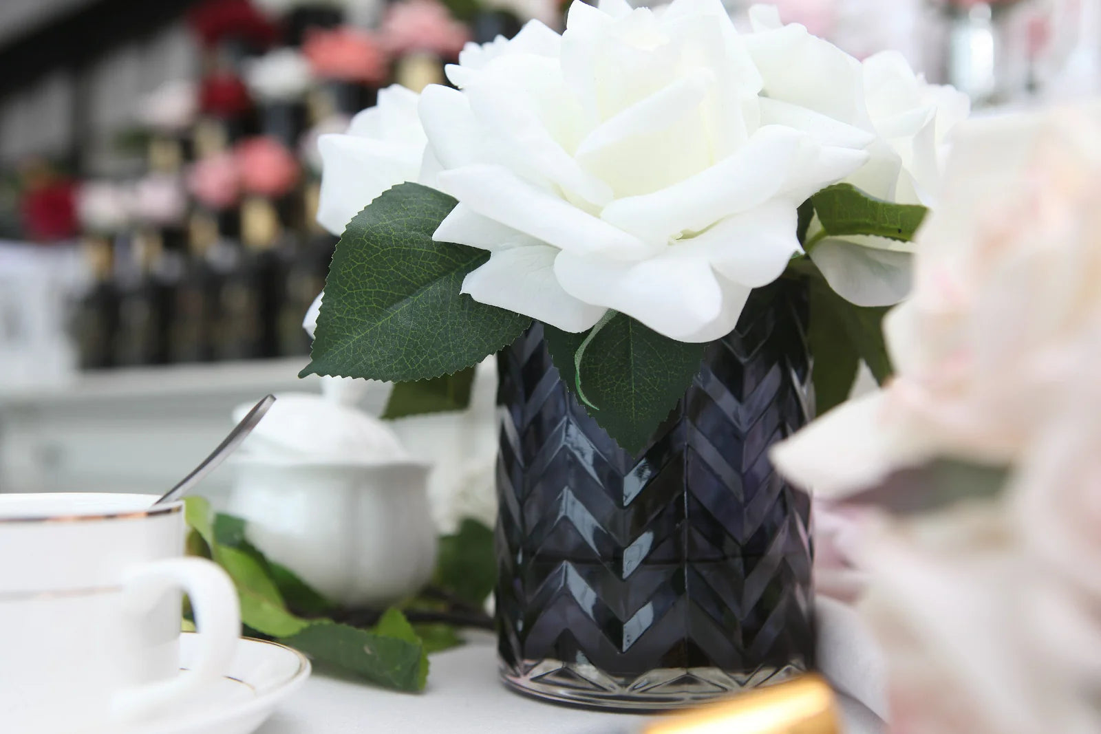 Herringbone Flower - Blue - Ivory White Roses