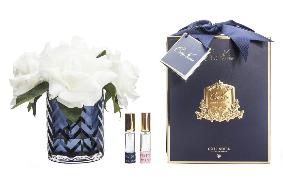 Herringbone Flower - Blue - Ivory White Roses