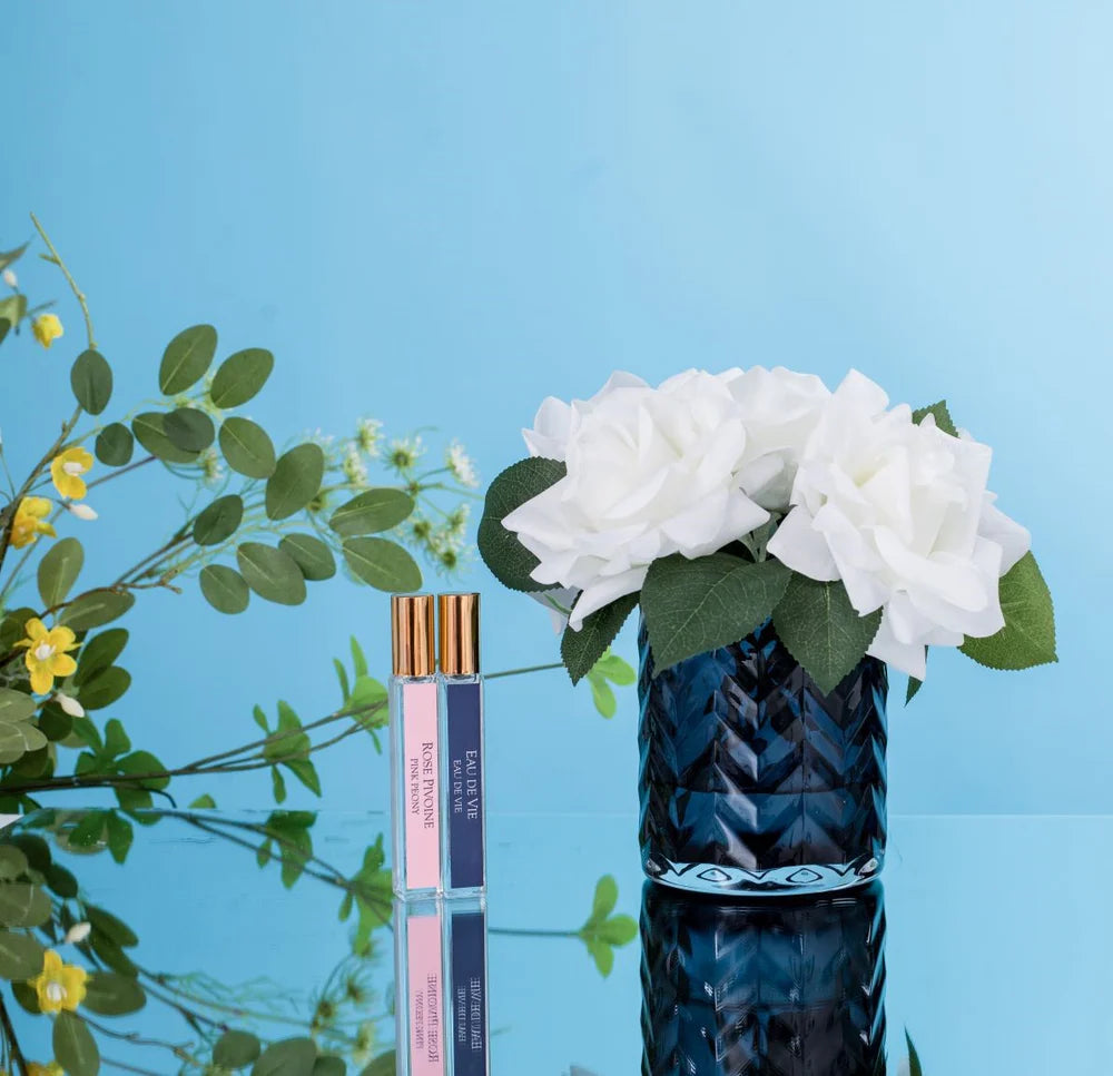 Herringbone Flower - Blue - Ivory White Roses