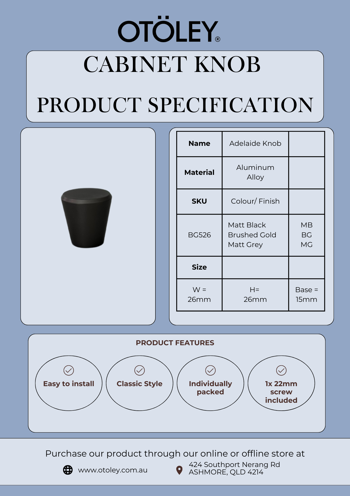 Adelaide Knob Matte Grey